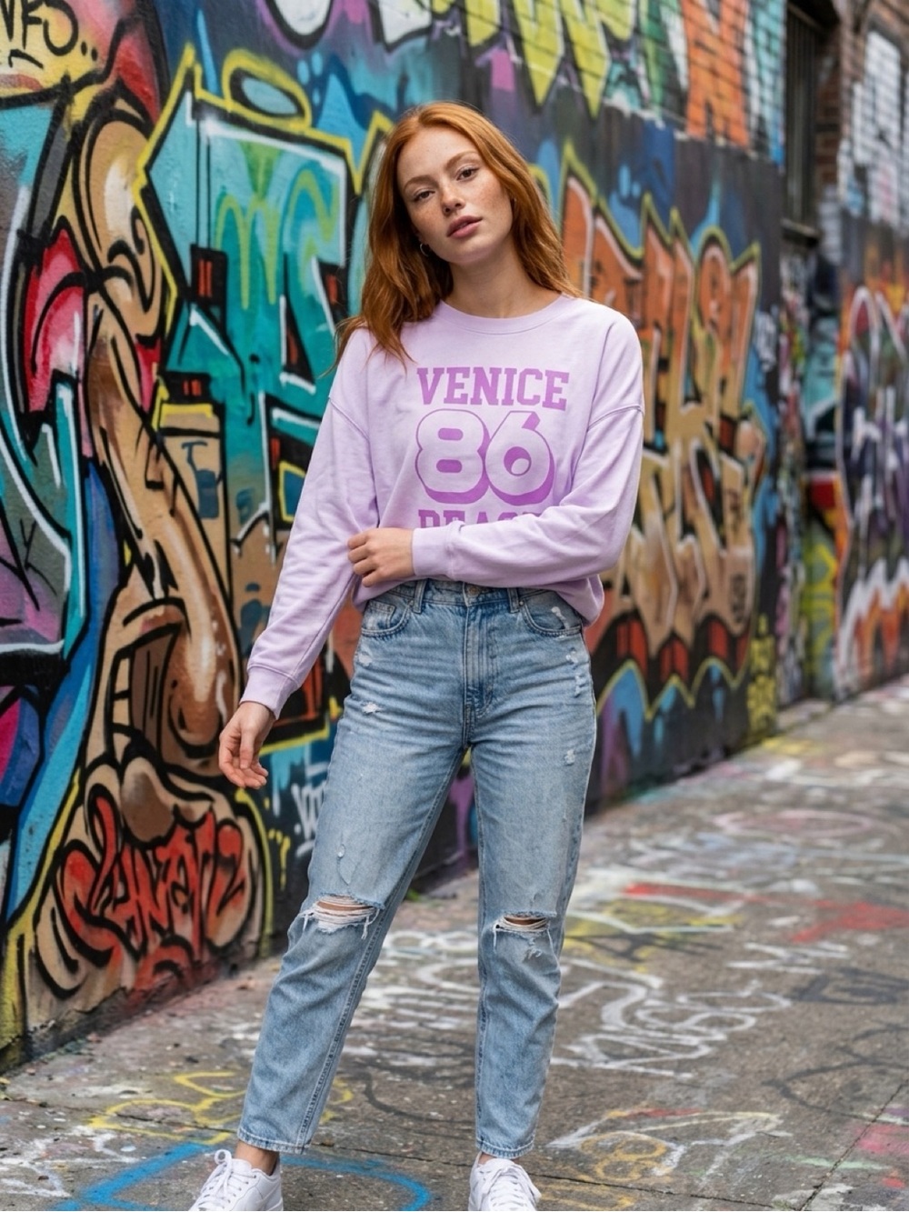 🆕VENICE BEACH  '86 LAVENDER OVERSIZED GRAPHIC SWEATSHIRT